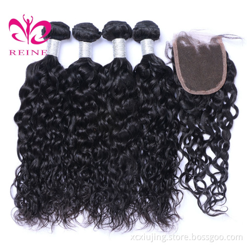 REINE wholesale brazilian virgin hair water wave 4 bundle with closure, 5pc brazilian hair weave closure on sale